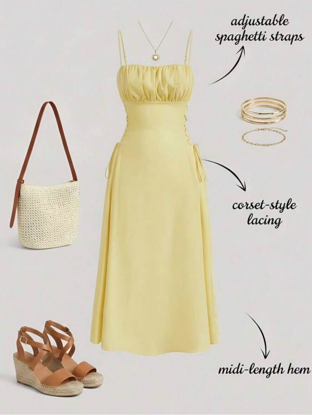 SHEIN Pale Yellow Spaghetti-Strap Midi Dress with Corset Lacing